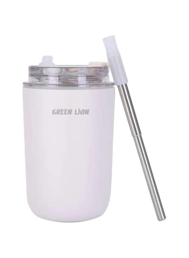 Green Lion Vacuum Travel Mug Lite, 280 mL Capacity, Keeping Hot for 6 Hours and Cold for 12 Hours, Food Grade Silicone Straw, Food Grade Stainless Steel Cup - White