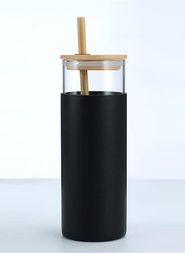 Glass Tumbler with Straw &amp; Bamboo Lid, Stylish Iced Coffee &amp; Smoothie Cup, Transparent Design, Includes Silicone Sleeve, Black