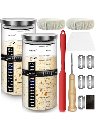 Artcome Sourdough Starter Jar Kit with 2 Glass Jars - 45 Oz DIY Pro Glass Sourdough Starter Jar Kit, Airtight Food Storage Canister, Reusable Sourdough Bread Baking Supplies, Home Baking Supplies