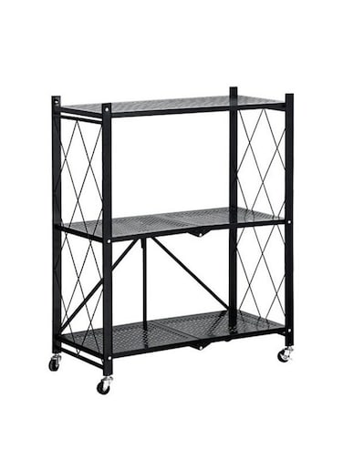 3-Layer Foldable Storage Rack, Multi-Layer Kitchen Living Room Floor Rack With Wheels Detachable Metal Shelf, Black