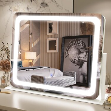 Dressing Table Makeup Mirror with 3 Color Lighting, Vanity Mirror Touch Screen,Dimmable,for Bedroom Vanity Desk Tabletop (White, L50 x W40 cm - White, Rectangular)