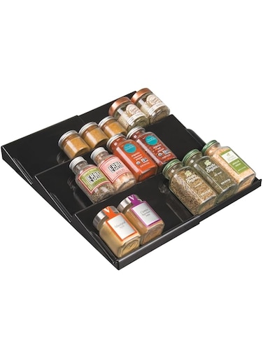 mDesign Adjustable, Expandable Plastic Spice Rack, Drawer Organizer for Kitchen Cabinet Drawers - 3 Slanted Tiers for Garlic, Salt, Pepper Spice Jars, Seasonings, Vitamins, Supplements - Black