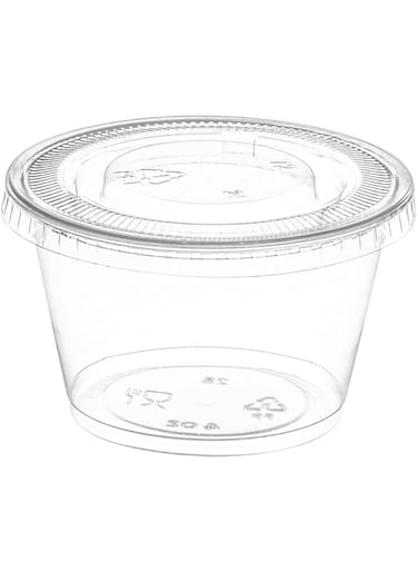 Crystalware, Disposable 5.5oz. Plastic Portion Cups with Lids, Condiment Cup, Jello Shot, Souffl Portion, Sampling Cup, 100 Sets - Clear