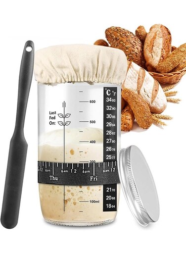 Sourdough Starter Jar, Sourdough Starter Kit with Date Marked Feeding Band, Thermometer, Cloth Cover &amp; Metal Lid, Reusable Sourdough Bread Baking Supplies, Home Baking Supplies