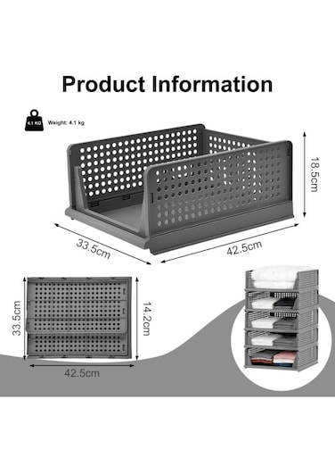 Pack 5 Pack Foldable Storage Box Storage Bins Stackable Closet Organizers Large Drawer Shelf Storage Basket Plastic Folding Containers Cubes for Clothes, Office Gray 5 Set
