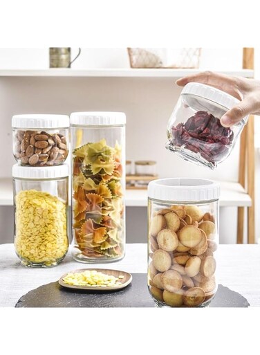 Cute Glass Jars with Screw Airtight Lids, Stackable Food Storage Jars, Clear Glass Storage Jars Kitchen Storage Containers for Pasta, Oats, Flour, Sugar (5PCS)