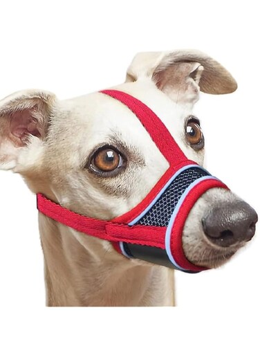 New Dog Muzzle, Breathable Drinkable Mesh Muzzle for Dogs,Anti Biting Barking Chewing,Grooming Muzzle for Dog with Anti-Drop Adjustable Anti-Drop &amp;Shiny Reflective Strap in Night (Red, L)