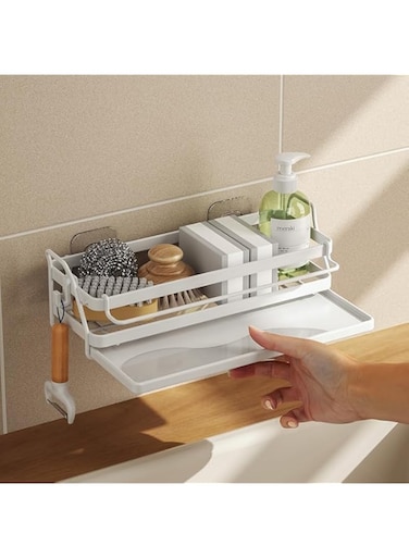 Wensprt 3-Shelf Modern Carbon Steel Kitchen Sink Organizer, Multifunctional Sink Caddy with Tool Holder, Brush Holder, Towel Bar, and Water Dish