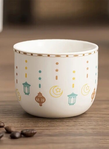 Artisanal Stoneware Arabian Coffee Cup with Lantern and Moon Design, Traditional Middle East Style Ink Dot Espresso Cup for Family Gathering and Eid al-Adha