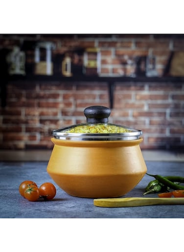 Olsenmark Traditional Cookware Clay Handi, Multifunctional, OMCP6028 Cooking Different Dishes 100% Eco-Friendly 1Ltr Handi with Glass Lid Elegant and Beautiful, Venetian Red