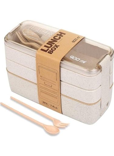 Bento Lunch Box with Cutlery, 3 Compartments, Leak-Proof and Microwave Safe (Beige)