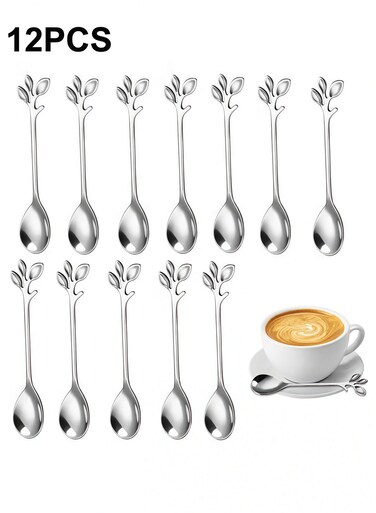 PCS Elegant Silver Leaf Coffee Spoons 4.9" Mini Stainless Steel Espresso and Dessert Tea Spoons Creative Leaf Tableware Dessert Spoon for Stirring Mixing Sugar Ice Cream Cake Coffee Tea
