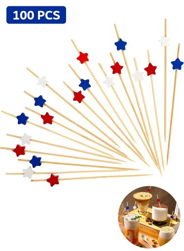100 Pcs Bamboo Fruit Food Sticks, Disposable Red White Blue Star Bamboo Food Picks, Charcuterie Accessories for Food, Drinks, Fruits Party