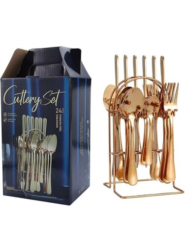 Arabest Silverware Set 24 Piece Gold Silverware Flatware Cutlery Set With Stand Include Knife Fork Spoon,Hanging Stainless Steel Utensils Set Service for 6,Dishwasher Safe (RossGold)