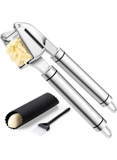 Premium Garlic Press Stainless Steel, Garlic Mincer Tool, Garlic Crusher Tool, Garlic Smasher Garlic Masher Includes Silicone Garlic Peeler &amp; Cleaning Brush, Dishwasher Safe, Silver