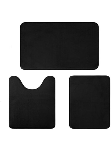 ACCUMTEK IM Home Memory Foam Bathroom Rug Velet Bath Mats Sets 3 Pieces Ultra Soft Non Slip and Absorbent Toilet Mats Set Carpet Washable, Black