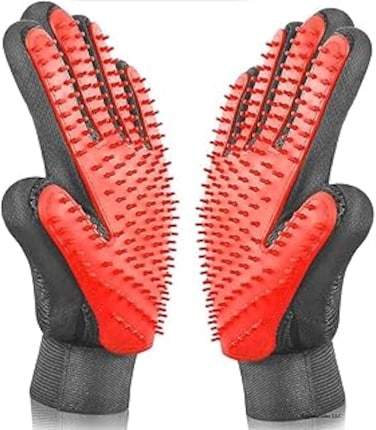 4basix Pet Grooming Gloves for Dogs &amp; Cats Shedding - Gentle Massaging Hair Remover Brush Mitts for Deshedding and Washing, Long &amp; Short Fur - 1 Pair (Red)