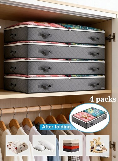 4 Packs Storage Bags, 90L Large Capacity Clothes Organizer, Foldable Storage Containers, Under Bed Storage Bags for Clothing, Blanket, Bedding