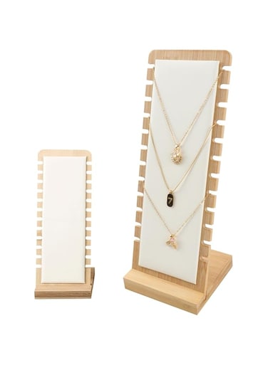 Diylove Necklace Jewelry Display Stand, 12 Slots Wooden Necklace Display Holder with Leather/Velvet Soft Mat, with Detachable Base Jewelry Displays for Jewelry Touring Exhibition (White(Leather))