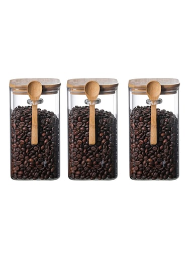 Glass Storage Jar with Bamboo Lids and bamboo Spoon,Set of 3 Airtight Food Jars Kitchen Food Storage Containers with Scoop For Serving Tea, Coffee, Flour, Sugar, Candy, Cookie, Spice 1200ml
