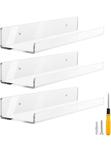 Acrylic Floating Kitchen Shelf 15 Inch, Clear Invisible Wall Bookshelves Ledge Bathroom Shelf And Small Toy Display Shelf Wall Mounted, 5Mm Thick, 3 Pcs