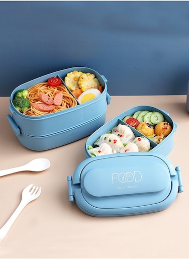 2-Layer PP Plastic Lunch Box Large Capacity Bento Box with 3-Grids 1550ML for School Office Outdoor Blue