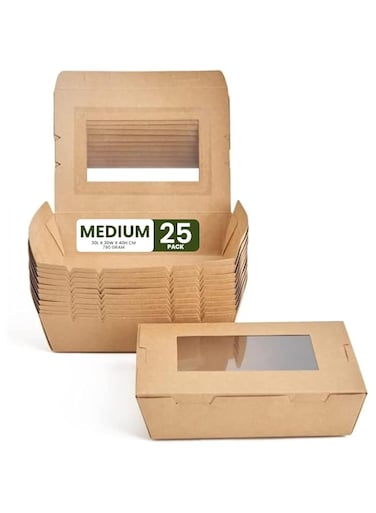 Ecoway Medium Kraft Lunch Box With Window Food Container Made With Craft Paper For Meals &amp; Dessert, Food Container, Disposable, Eco-friendly, Cardboard,Paperbox Restaurants - Pack Of 25, Brown