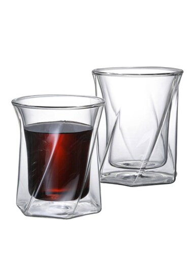 Set of 2- 350ML Borosilicate Double Wall Hexagon Fashioned Glass Cups for Coffee, Tea, Juice, Cocktail etc