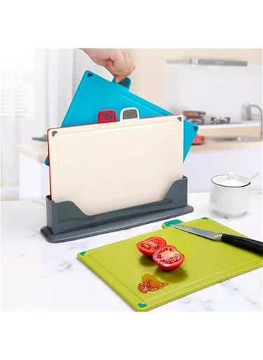 Cutting Board Set of 4, Non Slip Chopping Board with Juice Groove Food Icon, Plastic Cutting Board with Storage Stand - Reversible Cutting Boards for Kitchen
