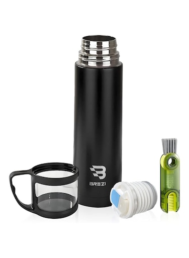 BREZI 500ml Vacuum Insulated Flask with Transparent Cup, BPA-Free Stainless Steel Thermos for Cold &amp; Hot Beverages &ndash; Comes with Special Brush, Leakproof Thermos Mug (Black 25x6.5cm)