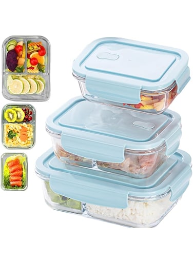 YumLock Strong &amp; Healthy Glass Food Storage Containers - 3 &amp; 2 &amp; 1 Compartment Meal Prep Containers for Pantry &amp; Kitchen Storage - Lunch Containers for Adults - Freezer &amp; Microwave Safe, Blue