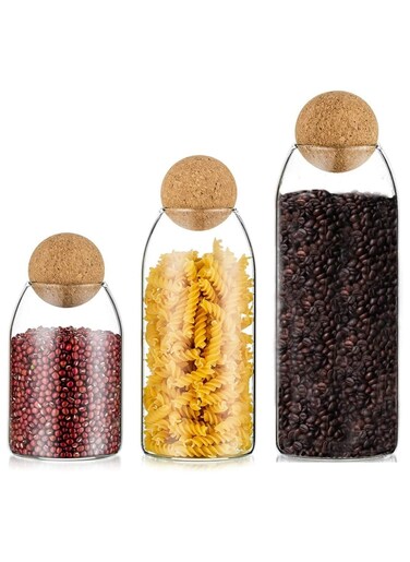 Glass Jar with Ball Cork Lid, Glass Canister with Wood Lid, Storage Container Jars for Coffee, Tea, Spice, Sugar, Salt, Set of 3 (3 PC, 800ml+1200ml+1600ml)