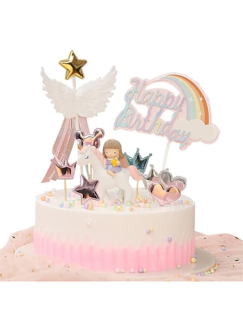 ELECDON Unicorn Birthday Cake Topper, Unicorn, Princess, Angel wings, Golden Star, Rainbow Cloud, Crown, Hear, Ribbon For Birthday Party, Celebration, Baby shower, Cake Decoration Re-usable 10 PCS