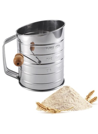 seven Efficient Flour Sifter for Baking   Fine Mesh Rotary Hand Crank   Stainless Steel Construction   Quick Sifting for Cakes &amp; Spices   Loop Agitator for Texture