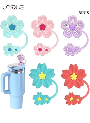 5 PCS Dustproof Straw Cap, Reusable Silicone Straw Lid Protector,Cartoon Pattern Plugs,for 0.4"/10mm Straw Fitting (Flowers)