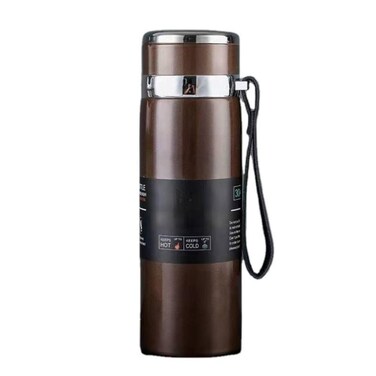 Stainless Steel Vacuum Insulated Bottle 1000ml, Leakproof Hot &amp; Cold Flask with Strap Brown