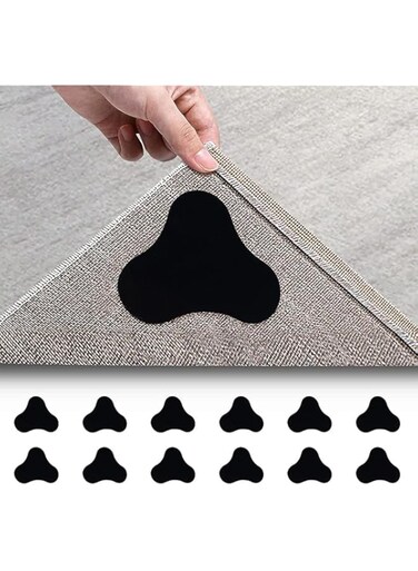 Aputue Rug Grippers, 12 Pcs Black Rug Tape, Non Slip Reusable Rug Pad, Double Sided Anti Curling Rug Grippers, Washable Rug Grippers for Hardwood Floors, Carpets, Floor Mats in Place