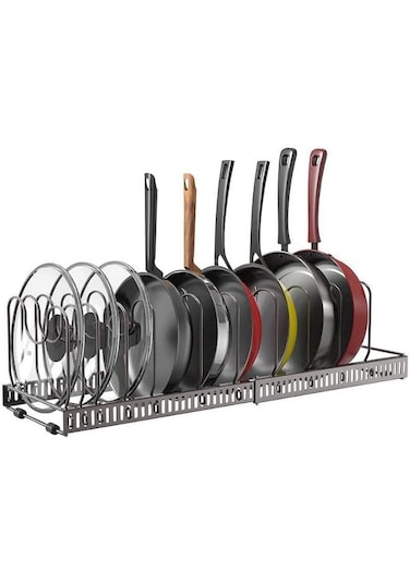 Expandable Pot Lid Organizer Holder with 10 Adjustable Compartment Cookware Plate Rack for Kitchen Cabinet