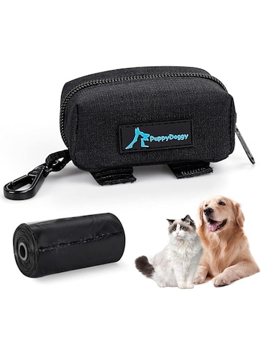 PuppyDoggy Dog Poop Bag Holder for Leash Black Waste Bag Dispenser with 1 Roll of Poop Bags for Leash Accessory Bicycle