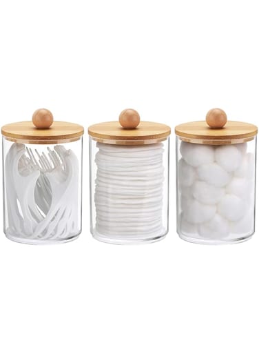 Tbestmax 10 Oz Cotton Swab/Ball/Pad Holder, Qtip Apothecary Jar, Clear Bathroom Containers Dispenser for Storage 3 Pack Wood Lids