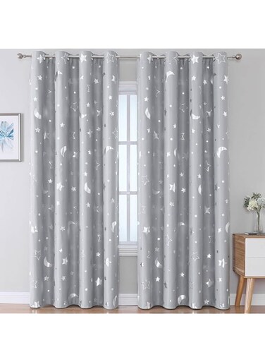 WUBODTI Grey 100% Blackout Curtains for Kids Bedroom Nursery 96 Inch Length 2 Panel Sets, Silver Foil Shiny Big Star and Moon Room Darkening Space Theme Window Curtain for Boys Baby, 52 x96 Inch