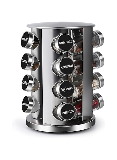 DOUBLE 2 C Revolving Countertop Spice Rack Stainless Steel Seasoning Storage Organization,Spice Carousel Tower for Kitchen Set of 16 Jars (16Jars)