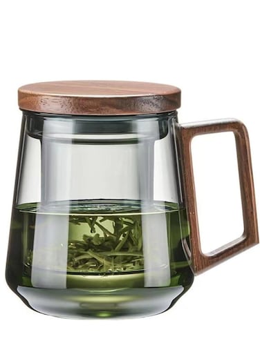 Tea separation cup, Tea Cup with Infuser and Lid, Glass Infusion Mugs, Clear Teacup with Walnut handle for Loose Leaf Tea, Blooming Tea, Tea Bag, Coffee Cups, 480ml