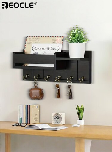 Wall Mounted Key Holder with 6 Key Hooks and Mail Organizer Design Wooden Key Rack with Shelf for Entryway Living Room Decor