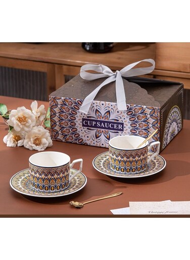 Moroccan Pattern Coffee Cup and Saucer Set&iuml;&frac14;&OElig;two mugs with two saucers and two spoons, home gift, Gift Box