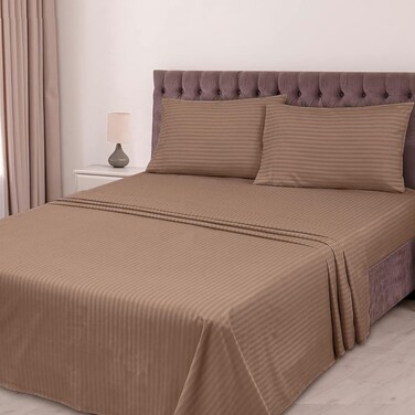 CRAFT 4-Piece Stripe Bed Sheet Set - King Size, Brown, 300 TC Cotton, Wrinkle &amp; Fade Resistant