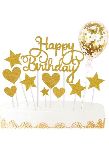 HOJKMA Birthday Cake Topper with Happy Birthday Banner, Party Confetti, Balloon Cake Decoration for Party Decorations, Gold