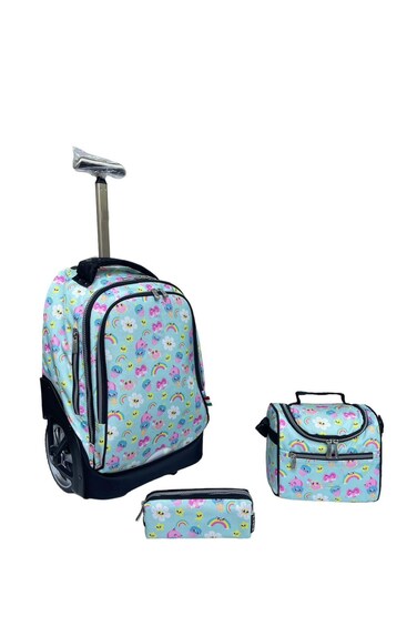 3-Piece Rolling School Set, 18-Inch Wheeled Backpack with Lunch Bag and Pencil Case, Pastel.WHITE PINK RAINBOW PRINT
