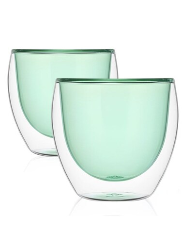 Double Wall Glass Coffee Tumblers 250ML Hot &amp; Cold Borosilicate Insulated Glasses for Home, Cafe &amp; Restaurant, DG824 (Green, 2 Piece Set)