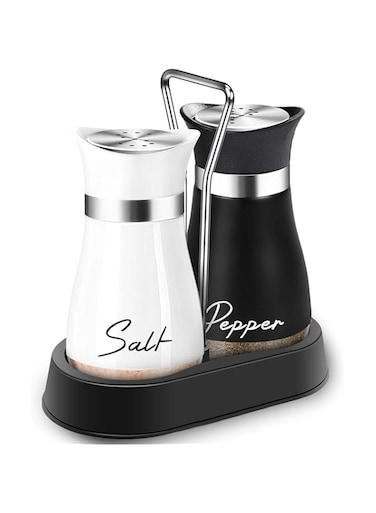 ChicAbode 2 PCS Stainless Steel and Glass Salt and Pepper Shaker Set with Holder   Black and White Salt and Pepper Shakers Kitchen Essential   Durable and Elegant Design (Black&amp;White)